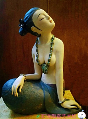 陶瓷石湾公仔清莲仕女手工摆件