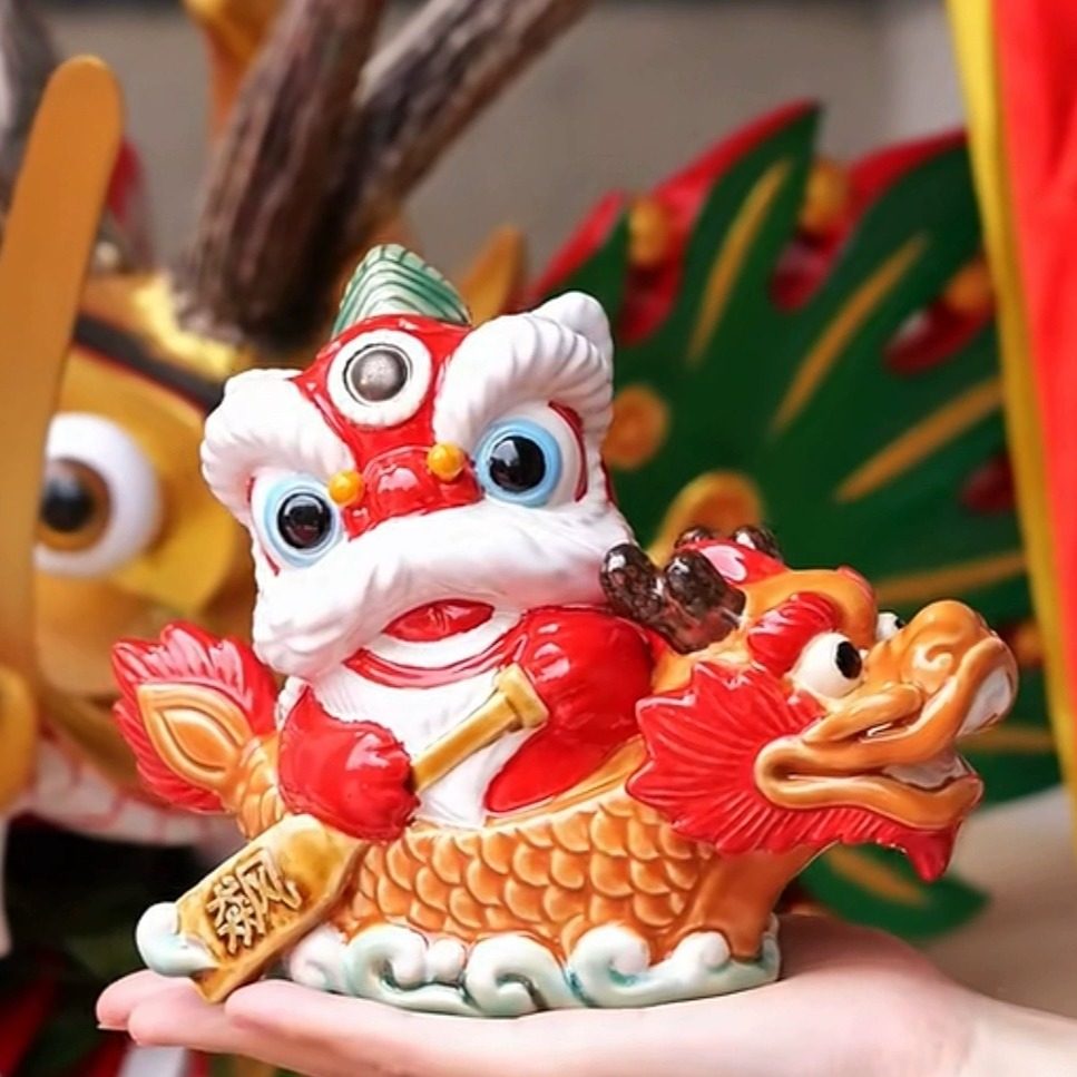 陶瓷喜狮飙龙船手工摆件礼品