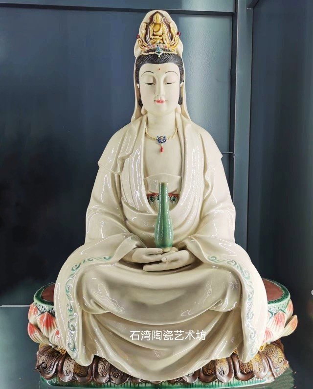 陶瓷坐莲观音菩萨佛像手工摆件