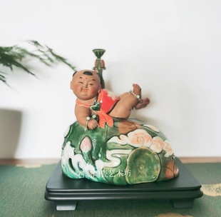 石湾陶瓷连生贵子工艺摆件招财中式家居喜庆二胎装饰品莲藕童子