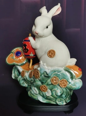 陶瓷生肖白兔手工精品摆件霍秀银
