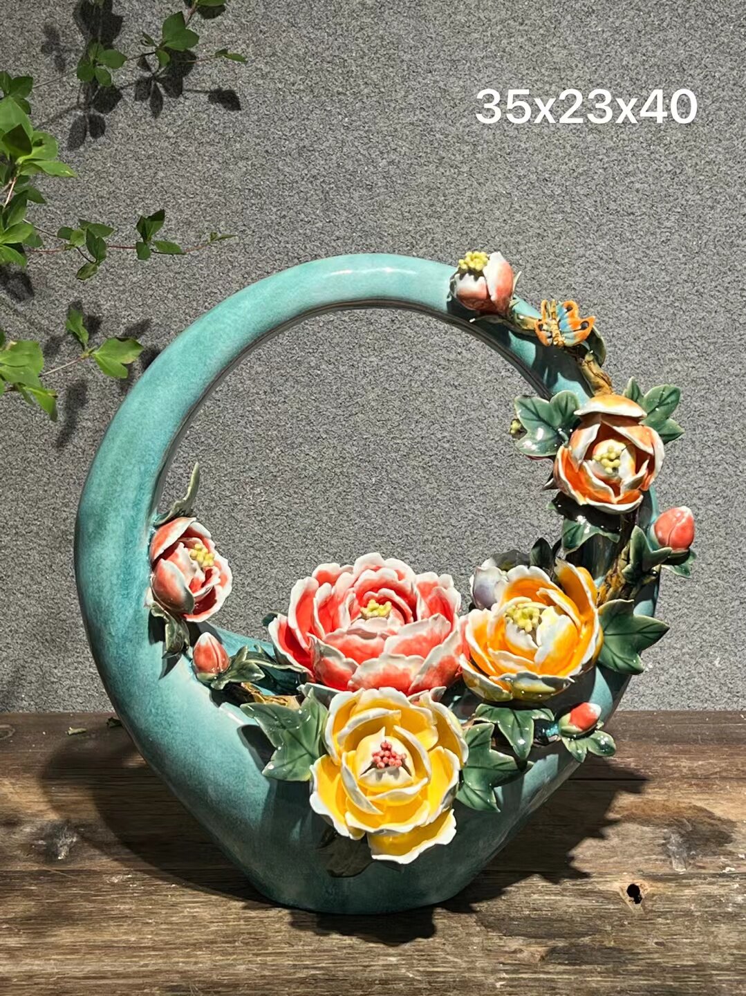 陶瓷竹子牡丹花小鸟手工艺品