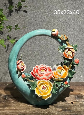 陶瓷竹子牡丹花小鸟手工艺品