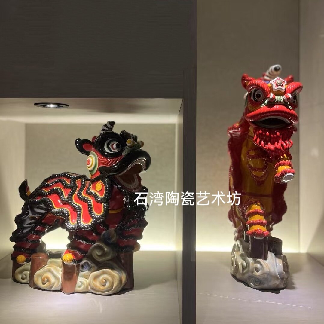 陶瓷舞醒狮喜庆拜年贺寿手工摆件