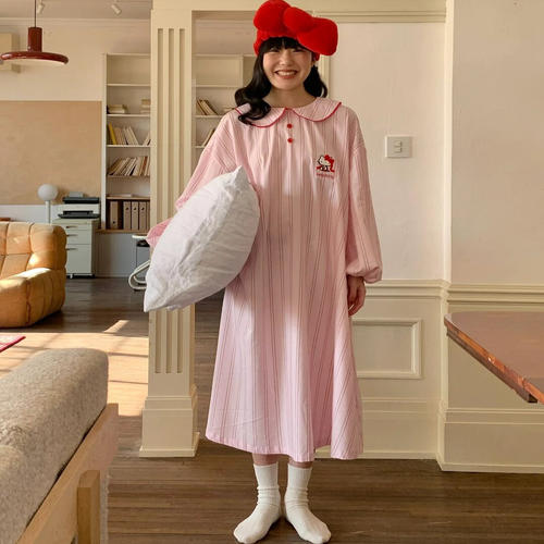 小众轻奢 韩版甜粉少女条纹Kitty睡裙女中长款春秋款连衣裙家居服