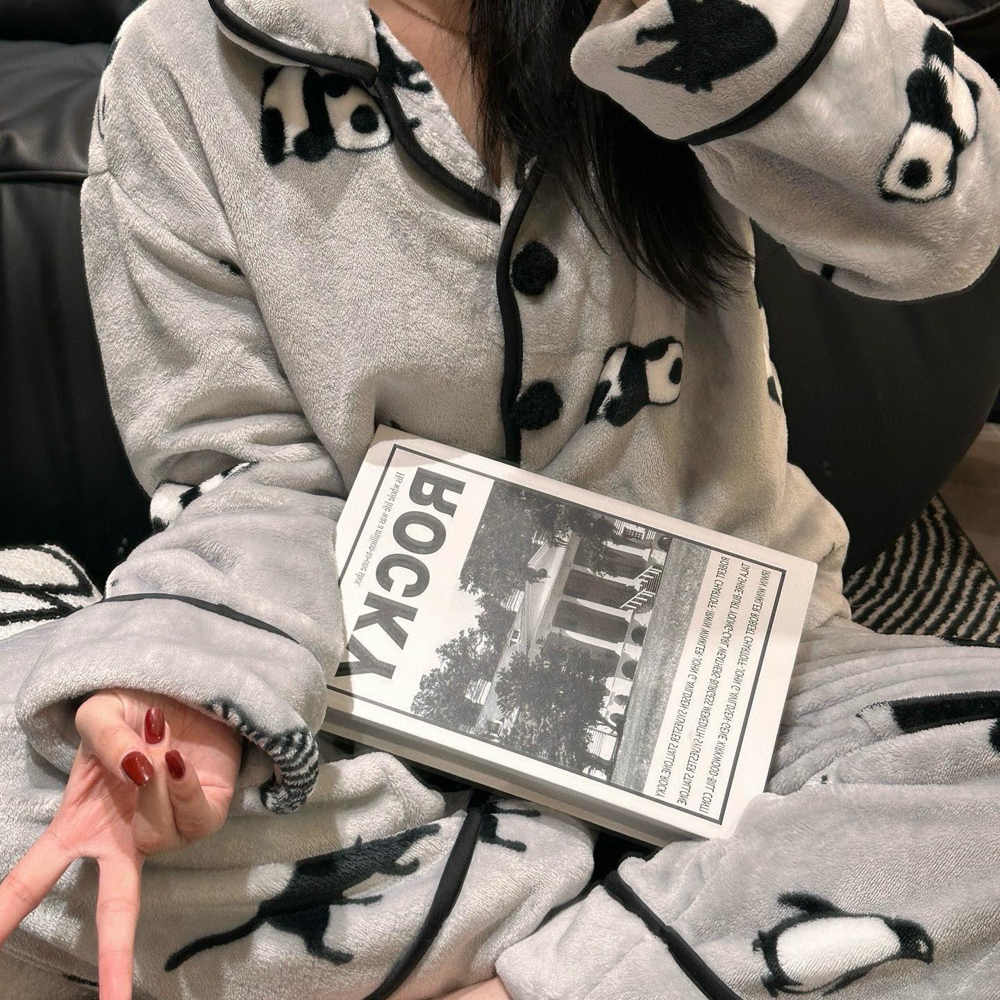 小众轻奢 秋冬季睡衣套装男女可爱熊猫印花法兰绒休闲情侣家居服
