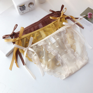 日系甜美两侧蝴蝶结绑带性感蕾丝高叉细带低腰棉裆三角内裤女T透