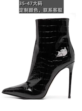 欧美外贸尖头反串伪娘CDTS黑色石头纹显瘦短靴细高跟侧拉链裸靴潮