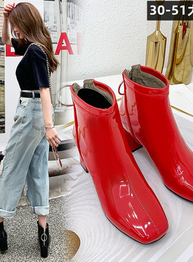 欧美外贸漆皮方头中粗跟短靴大码反串伪娘胖MM及踝靴小码短筒女靴