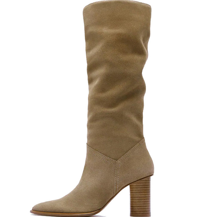 欧美外贸复古简约方头真皮及膝靴大码套筒粗高跟高筒靴牛皮时装靴