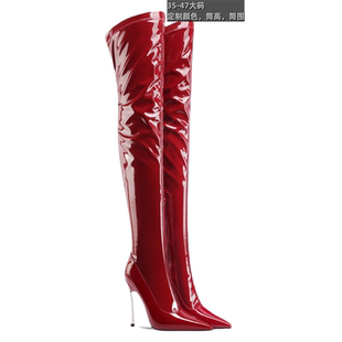 欧美外贸尖头漆皮过膝长靴侧拉链47大码 靴女 jazz爵士舞靴走秀时装