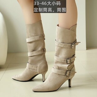 欧美外贸尖头皮带扣时装靴细高跟麂皮绒面46大码反绒女小腿中筒靴