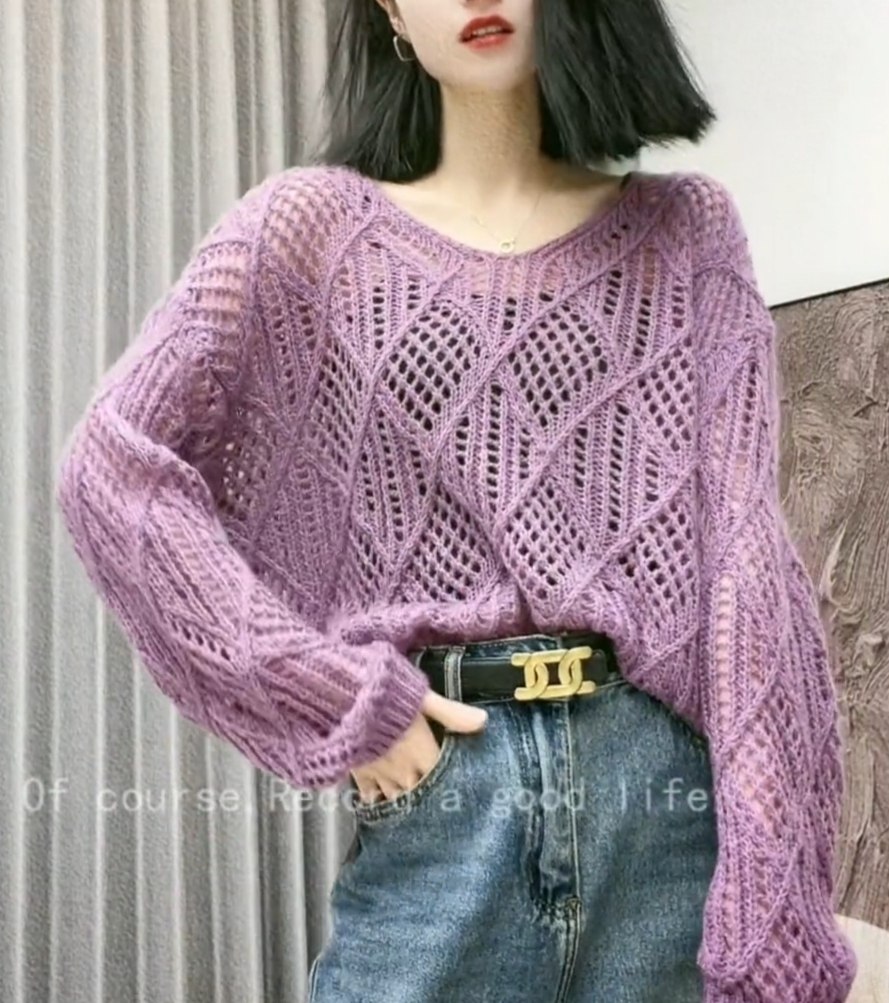 暖朵毛衣 镂空钩宽松抽绳毛衣上衣 Warm Blossom Sweater – Loose Drawstring Crochet Knit Top