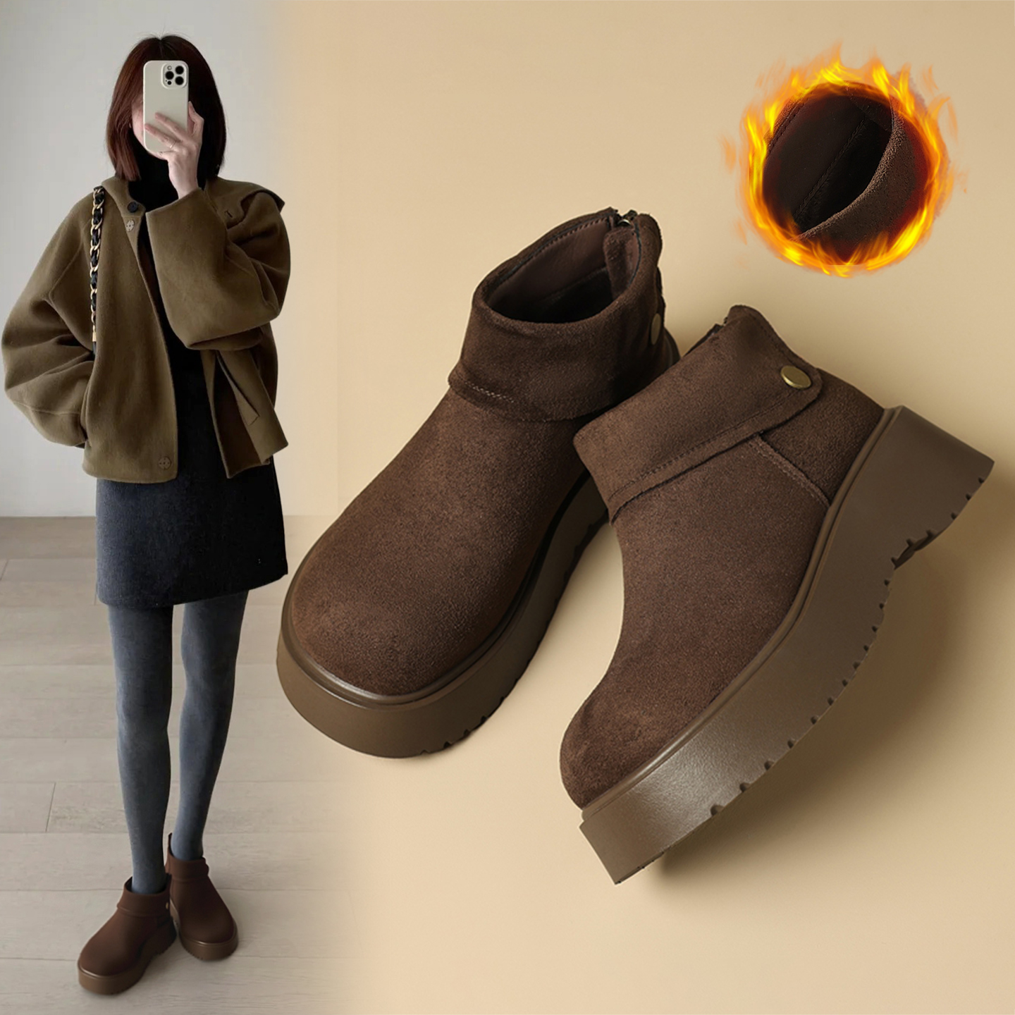 ZHR/则则厚底增高时装靴厚底靴子女秋冬季雪地靴加绒短靴子女靴