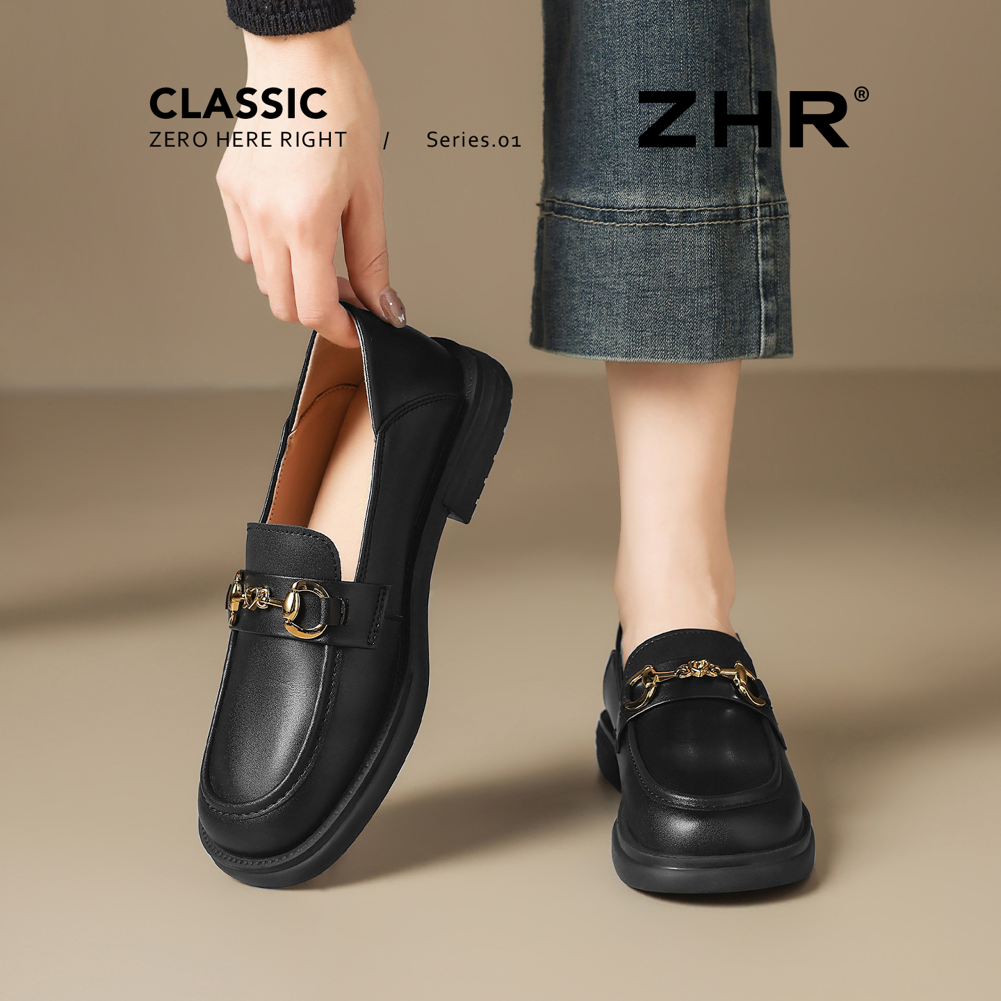 ZHR一脚蹬黑色厚底乐福鞋