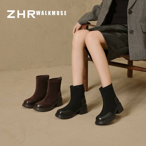 ZHR则则复古厚底增高加绒短靴