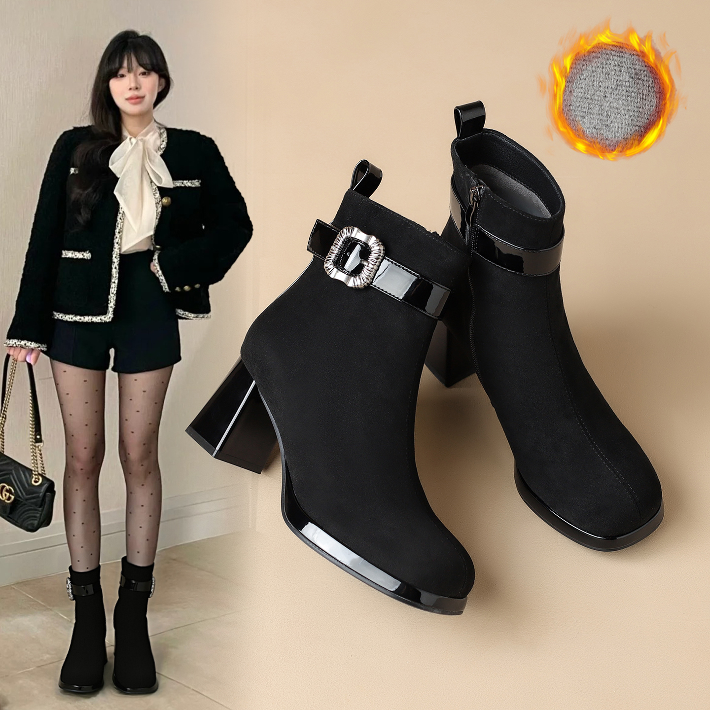 ZHR/则则筒侧皮带粗跟显瘦短靴复古百搭马丁靴秋冬款加绒女靴子