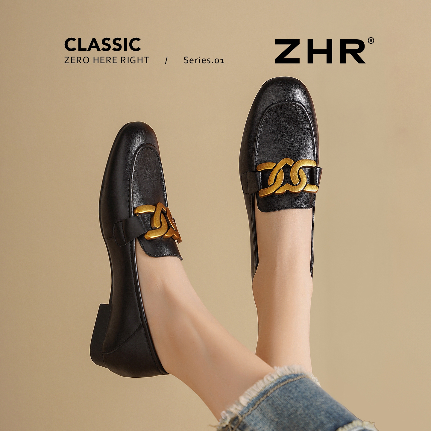 ZHR真皮透气舒适粗跟通勤工作鞋