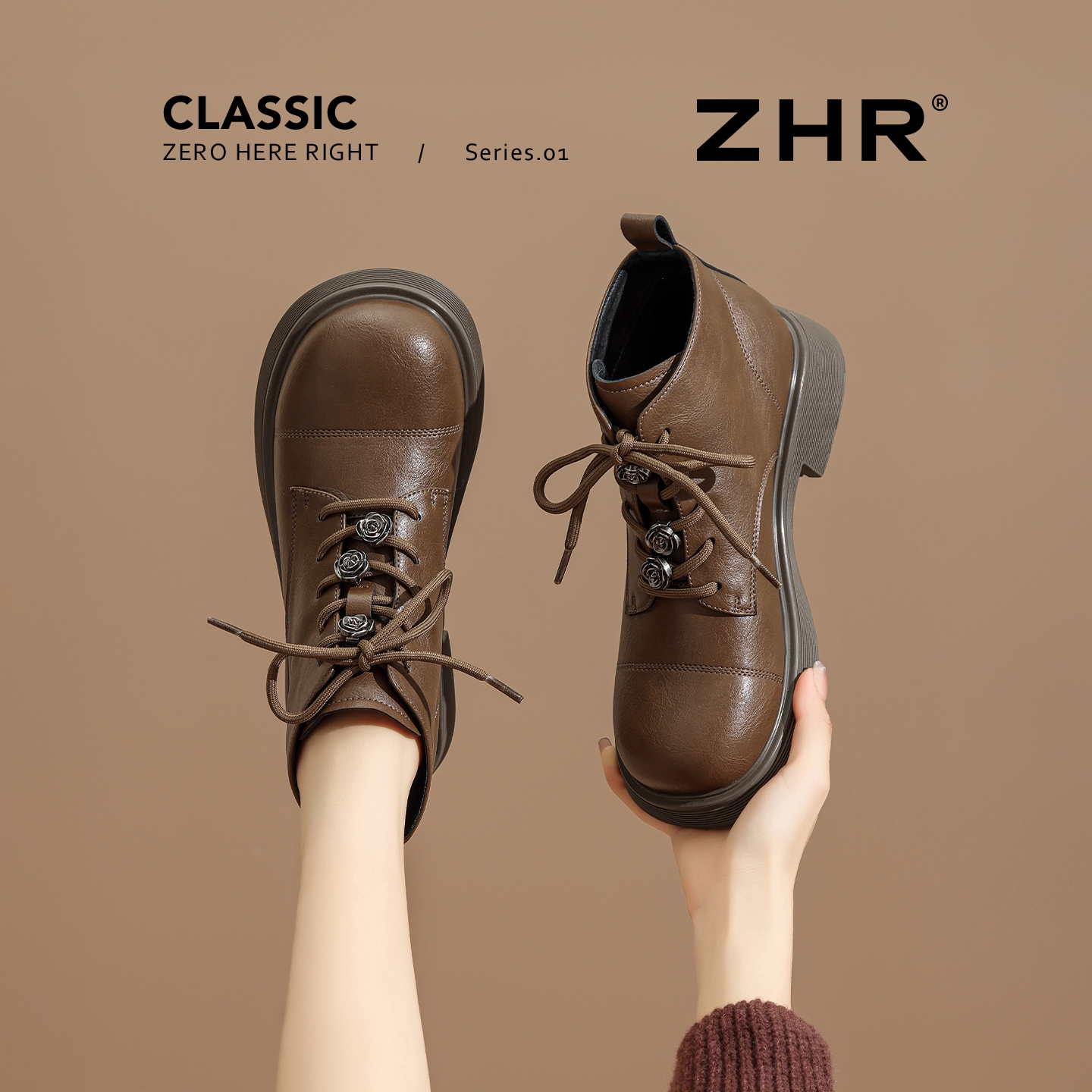 ZHR/则则复古英伦山茶花马丁靴