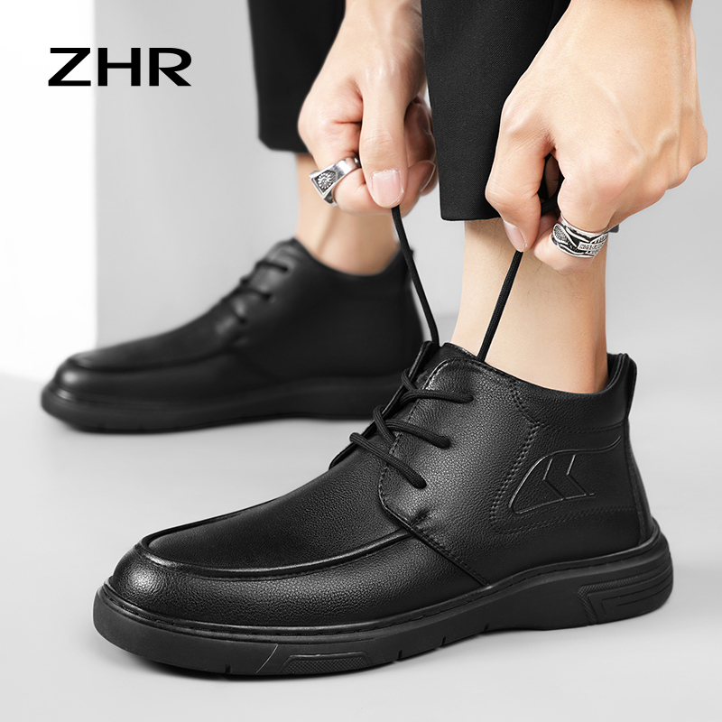 皮鞋男2023新款冬季英伦商务软底男士休闲皮鞋高帮鞋加绒保暖棉鞋