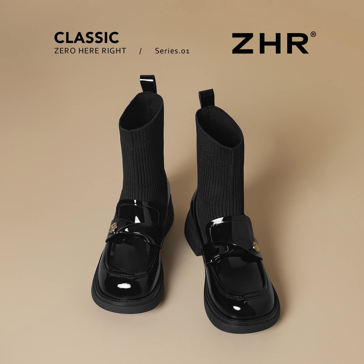 ZHR弹力针织袜靴粗跟保暖短靴