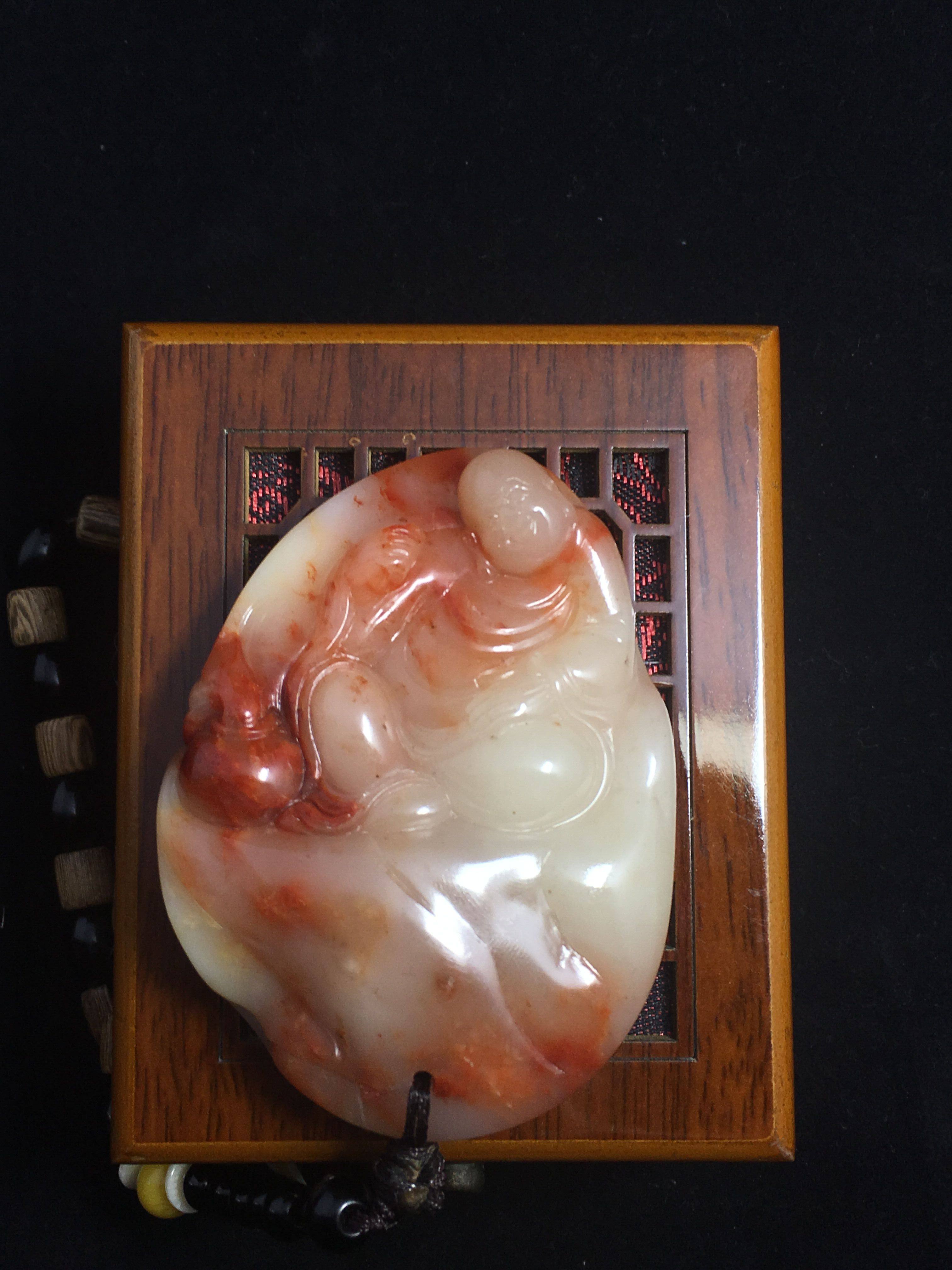 天然正品寿山石 老性结晶体俏色芙蓉石罗汉 手玩件 手把件