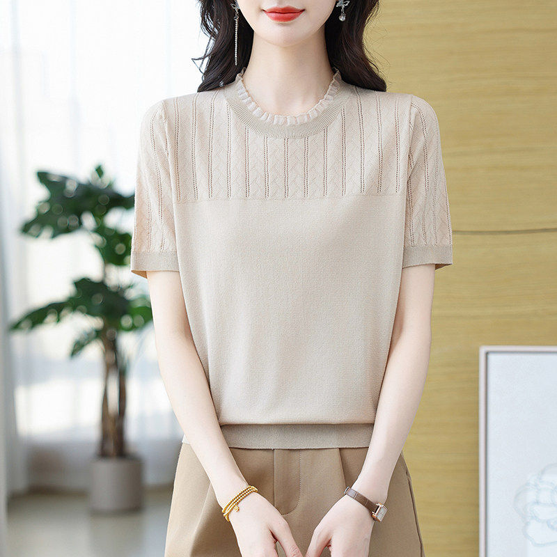 中年妈妈桑蚕丝短袖T恤女夏季镂空针织衫洋气遮肚透气薄款T恤上衣