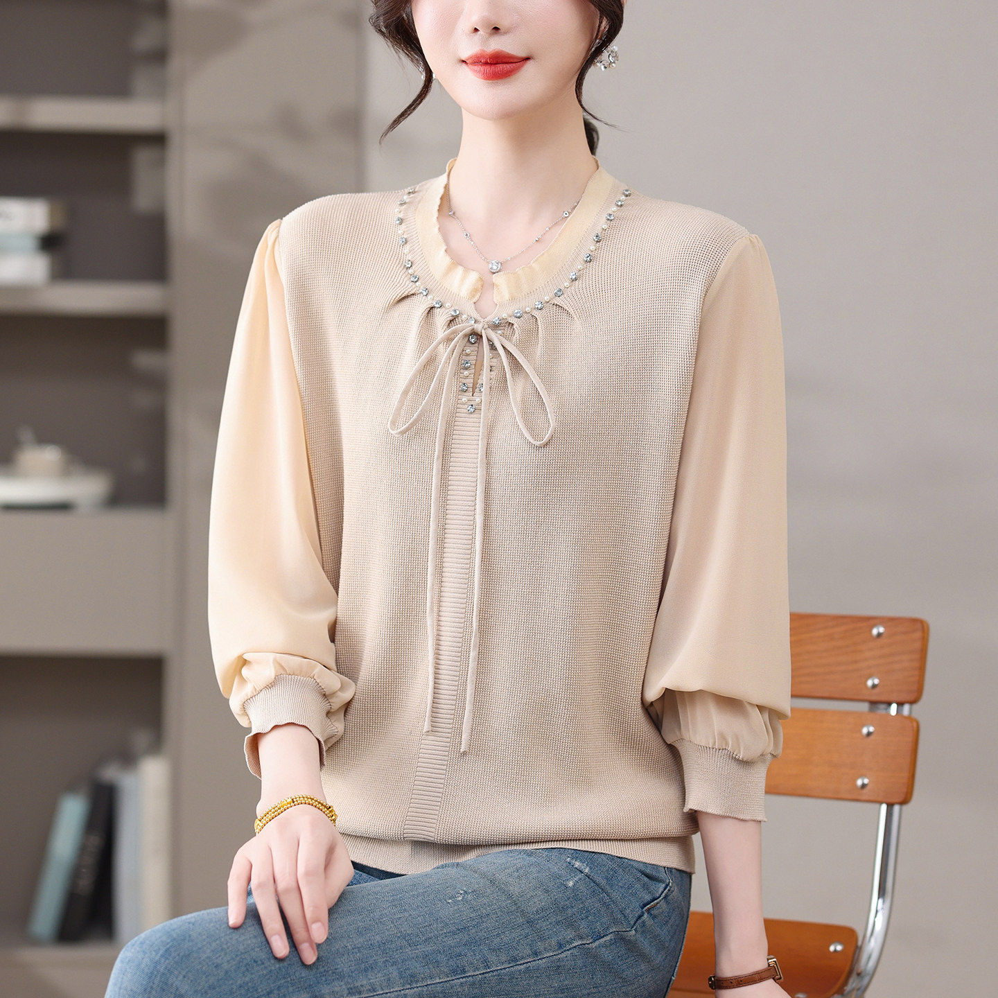中年妈妈春夏薄款钉珠系带针织衫女宽松时尚洋气冰丝上衣长袖T恤