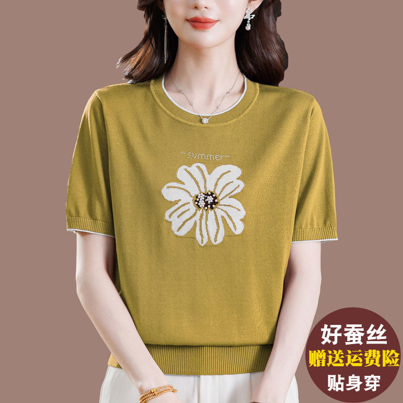 胖mm桑蚕丝圆领短袖提花