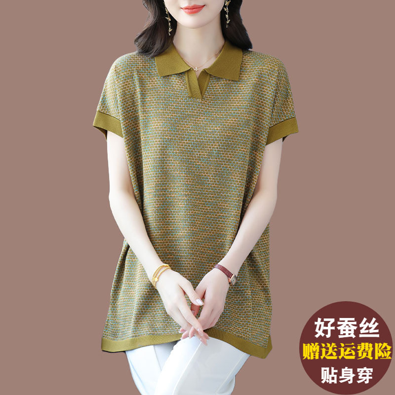 妈妈装翻领桑蚕丝短袖上