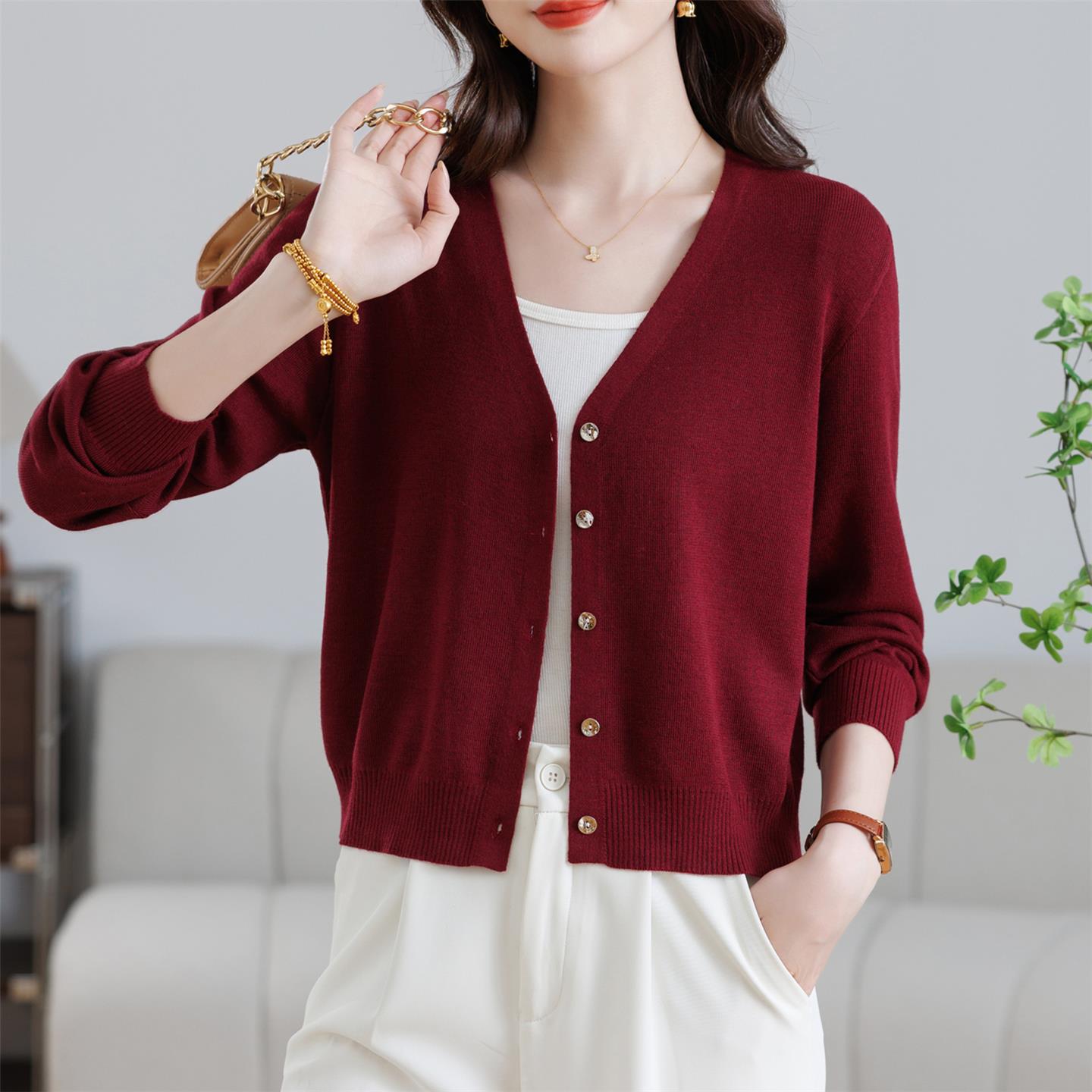 小个子红色针织开衫女春秋高腰外搭披肩短款配旗袍裙子薄毛衣外套