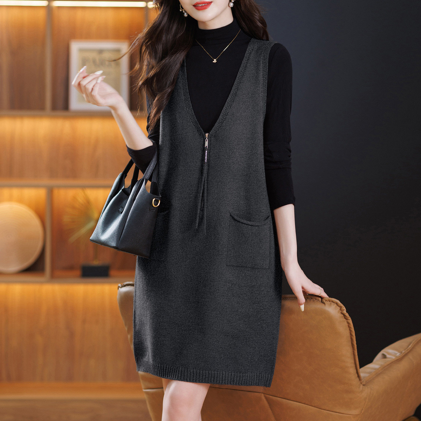 妈妈装拉链无袖马甲针织连衣裙背心女中长款口袋羊毛衫打底衫外穿