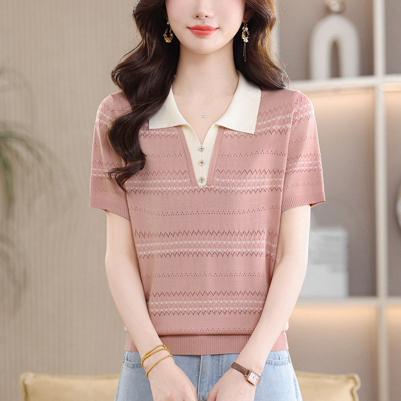 桑蚕丝翻领短袖T恤女针织衫时尚夏装中年妈妈特大码薄款镂空上衣