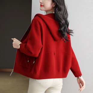 胖mm加大码连帽女士羊绒外套百搭短款开衫女秋冬双面绒羊毛大衣