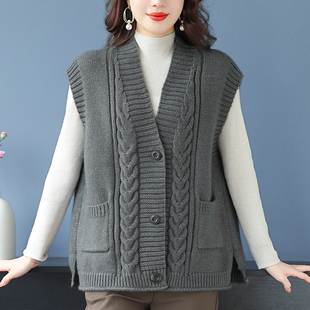 马甲背心外套女开衫短款羊毛衫粗线马夹加肥加大码女装200斤胖mm