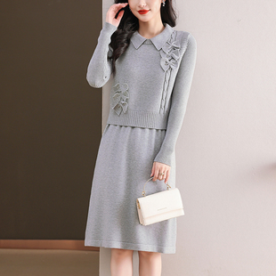 娃娃领连衣裙女轻奢高级感马甲裙套装秋冬新款长款毛衣裙显瘦减龄