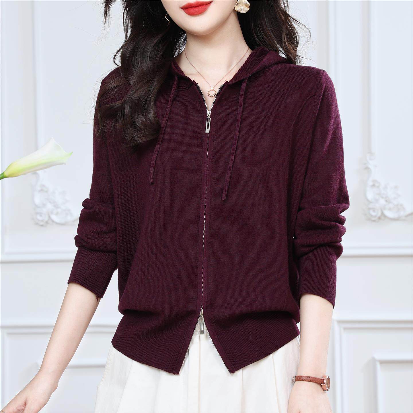 紫色短款连帽卫衣外套女2025春秋款新款双拉链开衫宽松针织棒球服