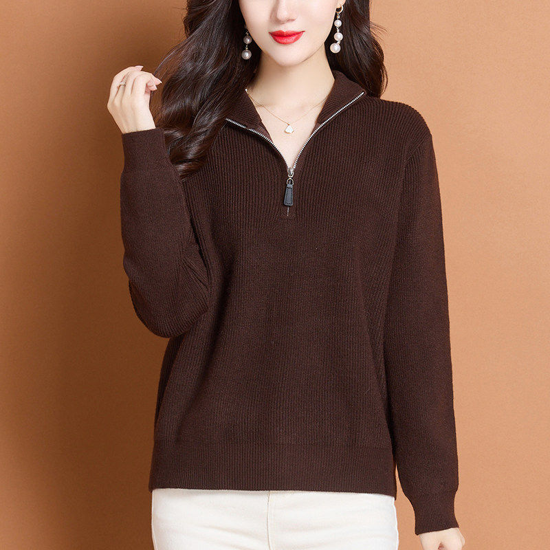 翻领拉链毛衣女秋冬时髦时尚洋气妈妈针织衫内搭大码遮肚子打底衫