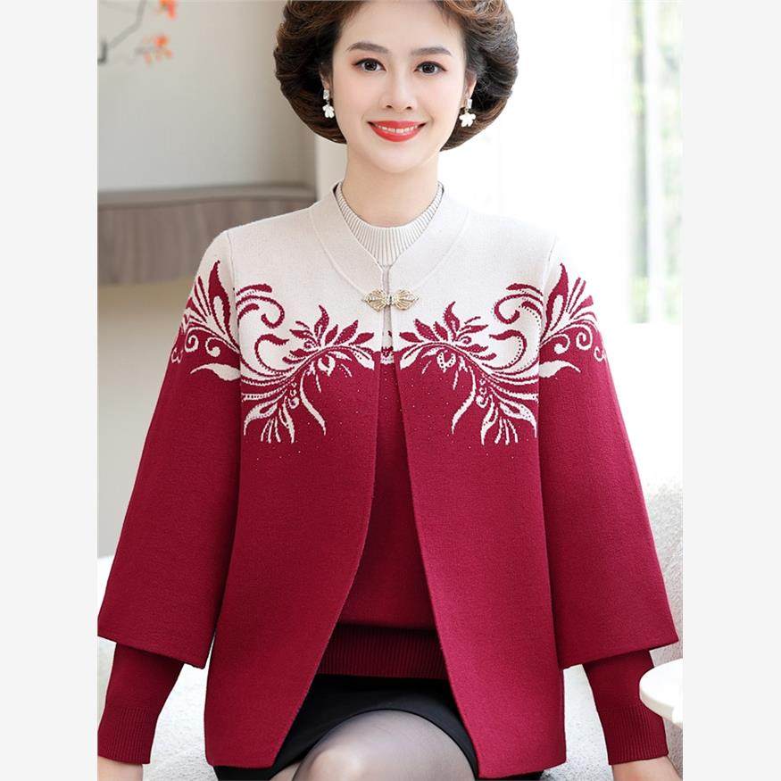 毛衣女洋气妈妈装红色外套时尚针织开衫中老年人本命年秋冬两件套