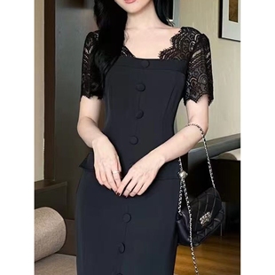 新款 包臀开叉长裙 晚礼服宴会优雅名媛气质方领无袖 连衣裙刺绣修身