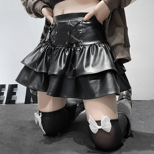 Halloween sexy PU leather pleated nightclub new short skirt