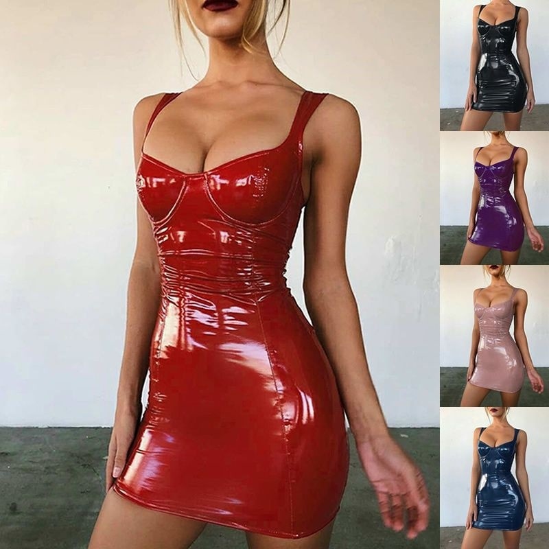 Sexy nightclub halter PU leather dress皮裙半身裙女性感夜店