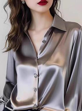 Womens Grey Blouse高级感灰色衬衫女职业衬衣宽松显瘦通勤正装