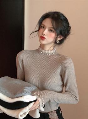 Womens Knit Top女冬季春秋新款珍珠半高领内搭蕾丝打底衫