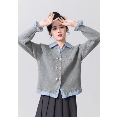 Fake two-piece POLO neck sweater women's short top假两件毛衣