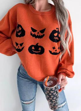 Orange Halloween Pumpkin Sweater橙色万圣节南瓜脸图案露肩毛衣