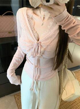 Women Top 蕾丝拼接绑带长袖T恤女秋冬内搭修身打底衫上衣