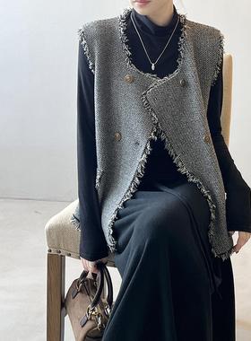 Vested Women 2024 New灰色马甲背心气质流苏小香风马甲