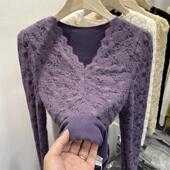 Thermal Top 大码 Lace 加绒蕾丝打底衫 胖mm秋冬V领洋气内搭潮