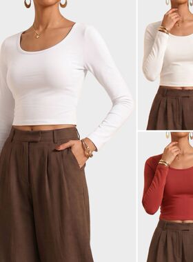 Women's large U-shaped elastic short top欧美紧身短款上衣运动